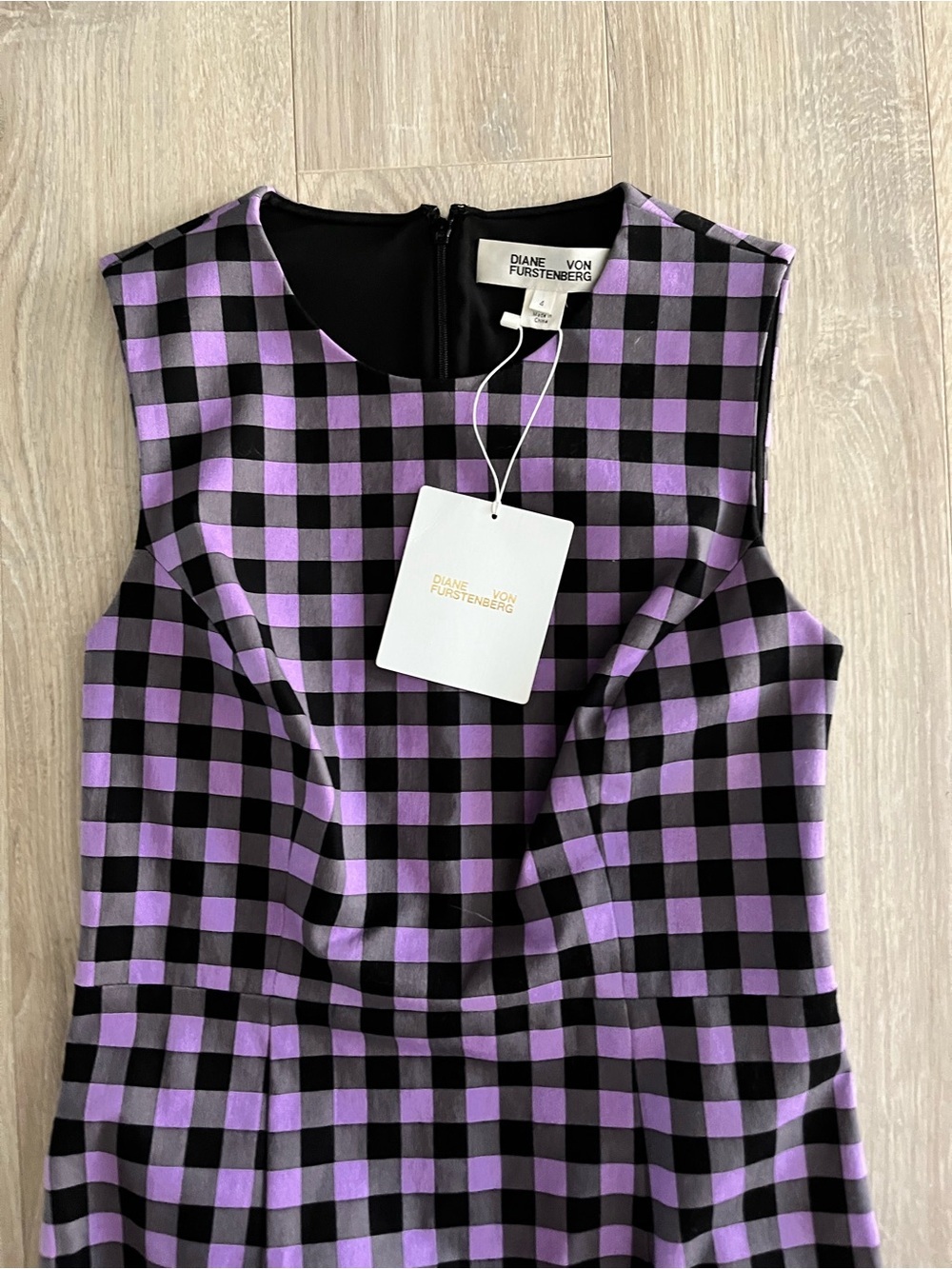 NWT Diane von Furstenberg Women’s Purple & Black Gingham Sheath Dress - Size 4 - Picture 2 of 7